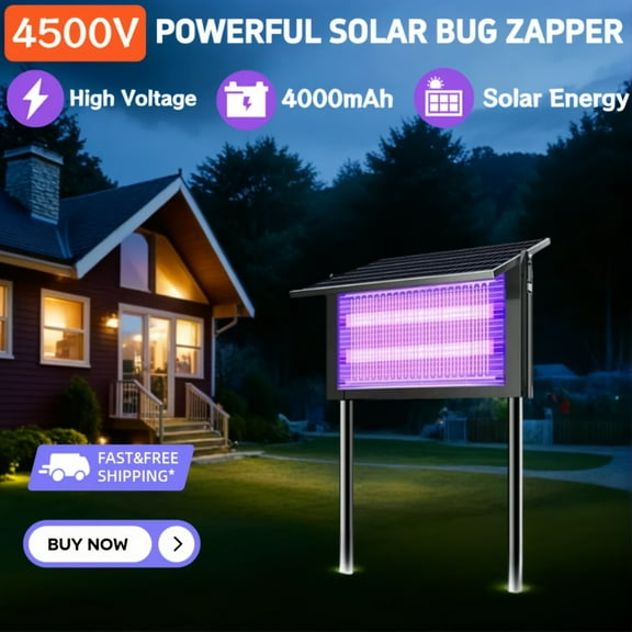4500V Solar Mosquito Zapper - 4000mAh Battery, IP56 Waterproof, Metal Shell - 3 Placement Options & 2 Modes for Garden/Patio - Fast Shipping