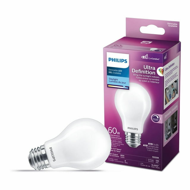 Philips UltraDefinition dimmable LED A19 light bulb with E26 base and 5000K daylight color temperature next to its purple product box