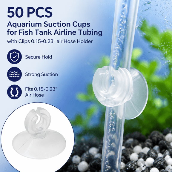 50 PCS Aquarium Suction Cups for Fish Tank Airline Tubing, with Clips 0.15-0.23" air Hose Holder