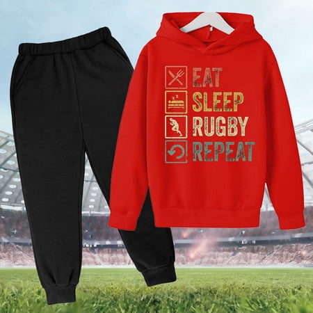 ZHOGXU Big Boys Girls Outfits 2 Piece Long Sleeve Letter Print Hoodies And Sweatpants Fashion Comfortable Sets For Casual Wear And Outdoor Activities Red 3-4 Years