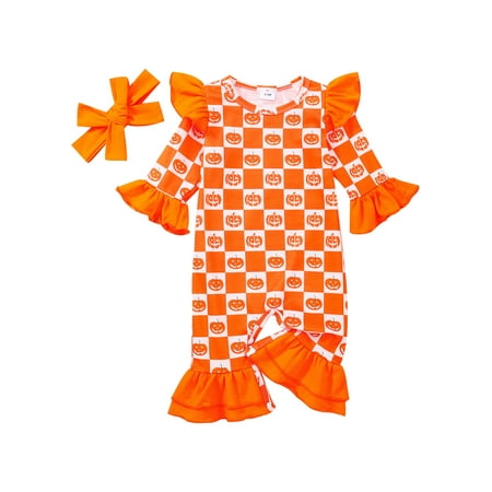 

Bagilaanoe Newborn Baby Girl Halloween Jumpsuit Pumpkin Print Long Sleeve Bodysuit + Headband 3M 6M 9M 12M 18M Infant Patchwork One Piece Romper