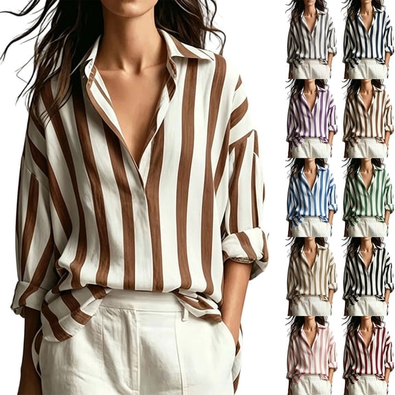 Horkkom Striped Shirt Women Long Sleeve Button Down Shirts Casual Loose Work Dress Shirts L