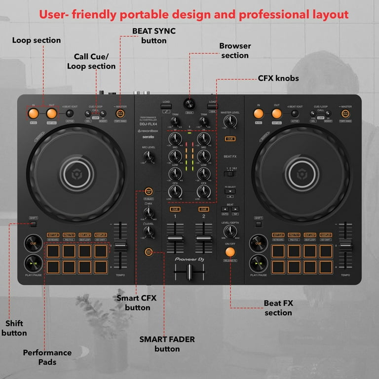 Pioneer DDJ FLX4 DJ Controller - Black Bundle with Laptop Stand