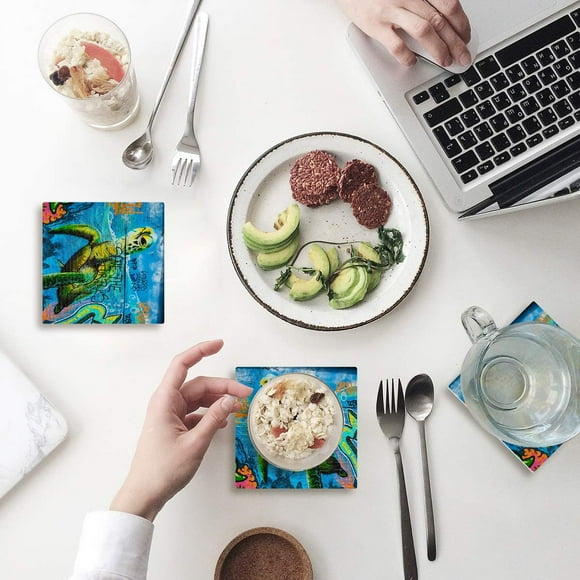POGLIP Ocean Sea Turtle Set of 4 Coaster for Drinks, Absorbent Ceramic Stone Coasters Cup Mat with Cork Base for Home Kitchen Room Coffee Table Bar Decor
