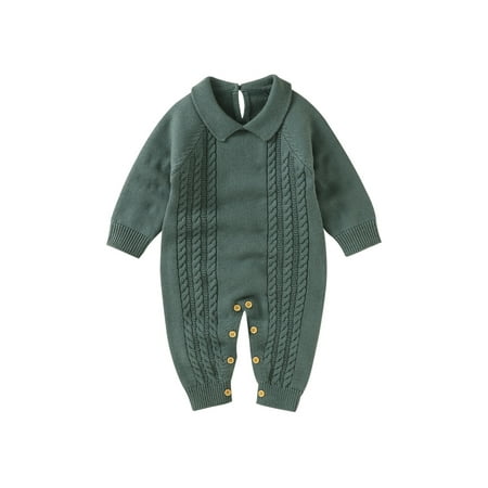 

Multitrust Baby Jumpsuit Solid Color Turn-Down Neck Long Sleeves Knitted Rompers