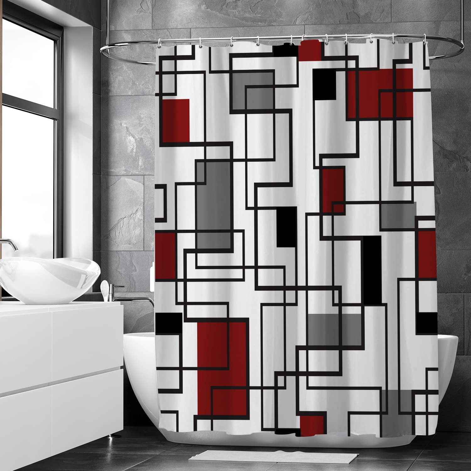 Red and Black Shower Curtain Grey and White Shower Curtains for Bathroom Mid Century Modern Abstract Geometric Shower Curtains Fabric with Hooks 72
