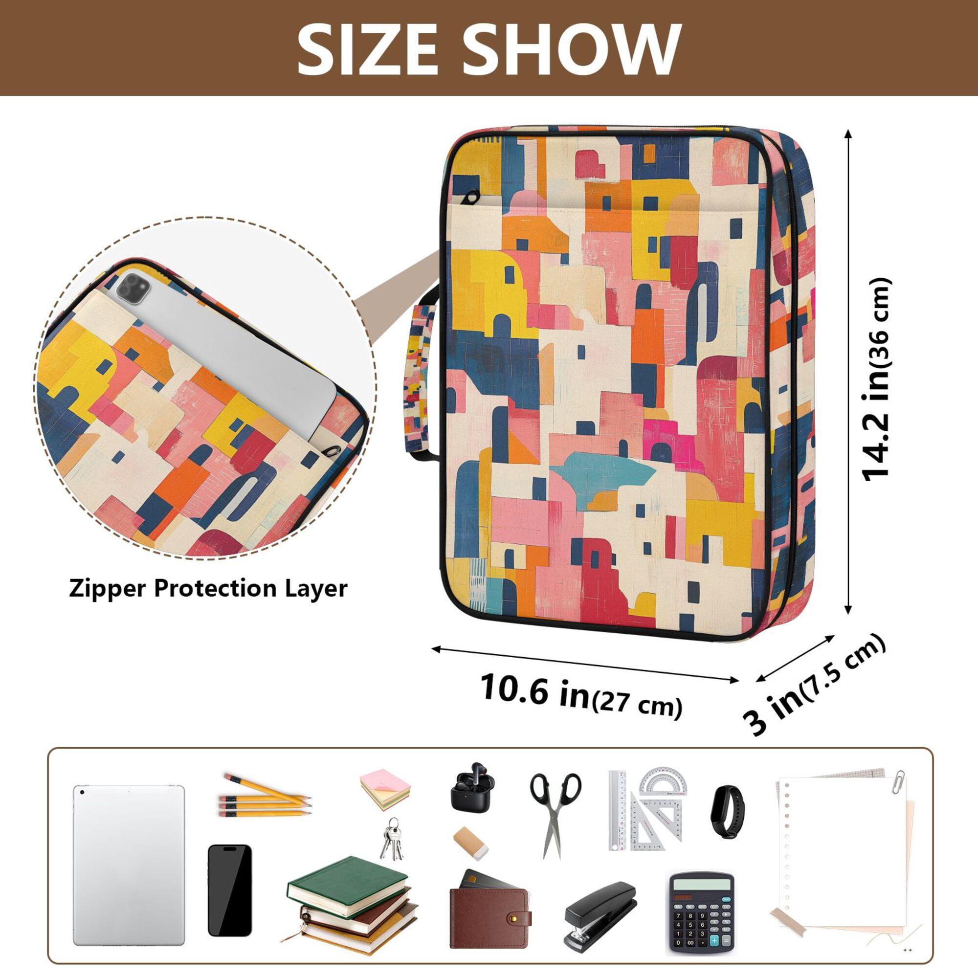 FORMRS Accordion File Folder A4 Size 7-Pocket Expanding Document Organizer Bag with 3 Ring Binder, Art Geometric