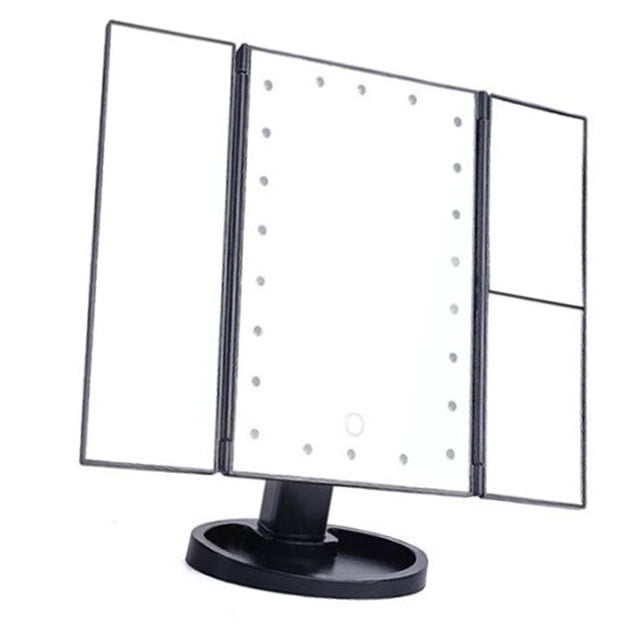 Espejo de maquillaje LED con luces de aumento de 3 lados, plegable, 22 cuentas luminosas, USB, belleza para escritorio, color negro