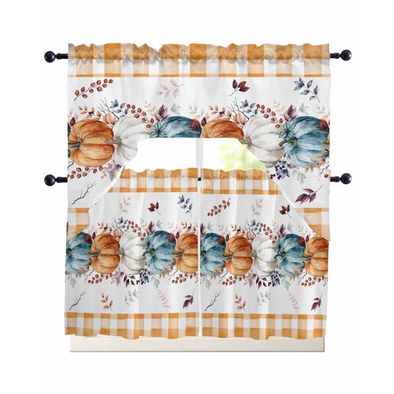 Orange Pumpkin Thanksgiving Swag Kitchen Curtains Sets for Windows 24 Inch Length, Fall Leaves Retro Plaid Short Window Curtain Panels Swags Valances and Tiers 3 Piece Set for Cafe/Dining Room