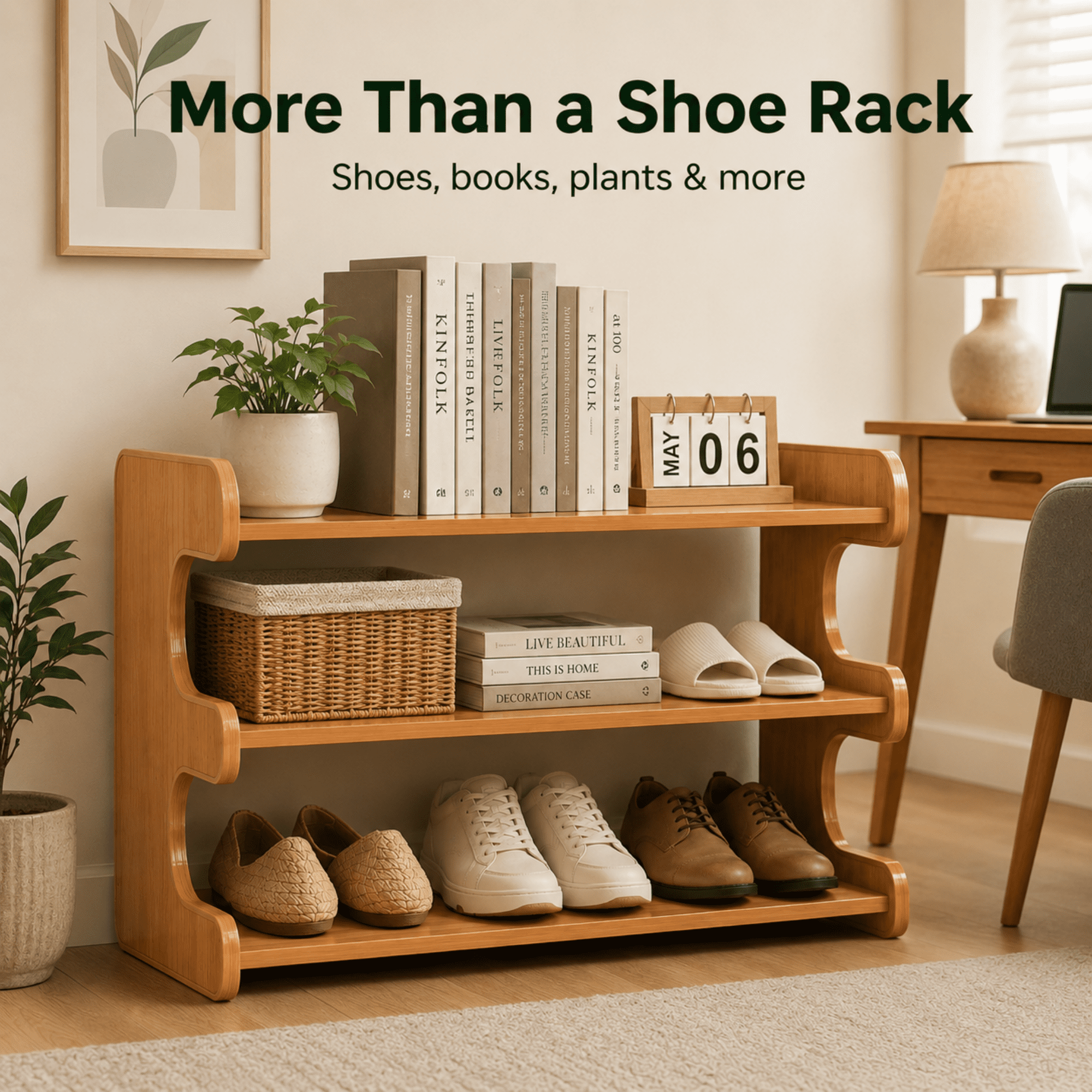 MEHOOM 3 Tier Bamboo Shoe Rack Organizer for Closet, Entryway, Dorm, Garage, Sturdy Shoe Storage Shelf, 28"x11"x14" (Natural)