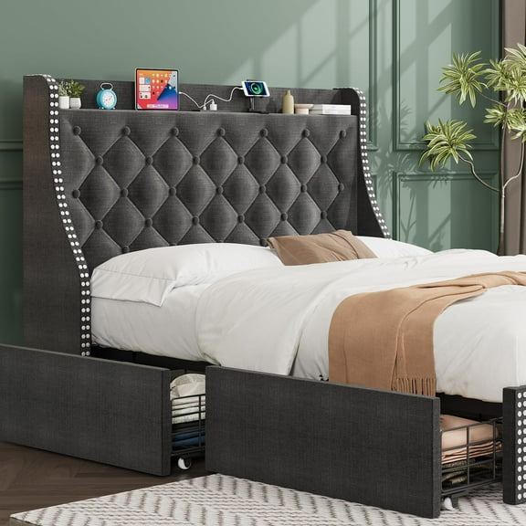 TROPOW Full Size Bed Frame with 4 Storage Drawers and Wingback Headboard, Upholstered Platform Bed Frame with Charging Station, Button Tufted Design, No Box Spring Needed, Noise Free, Grey