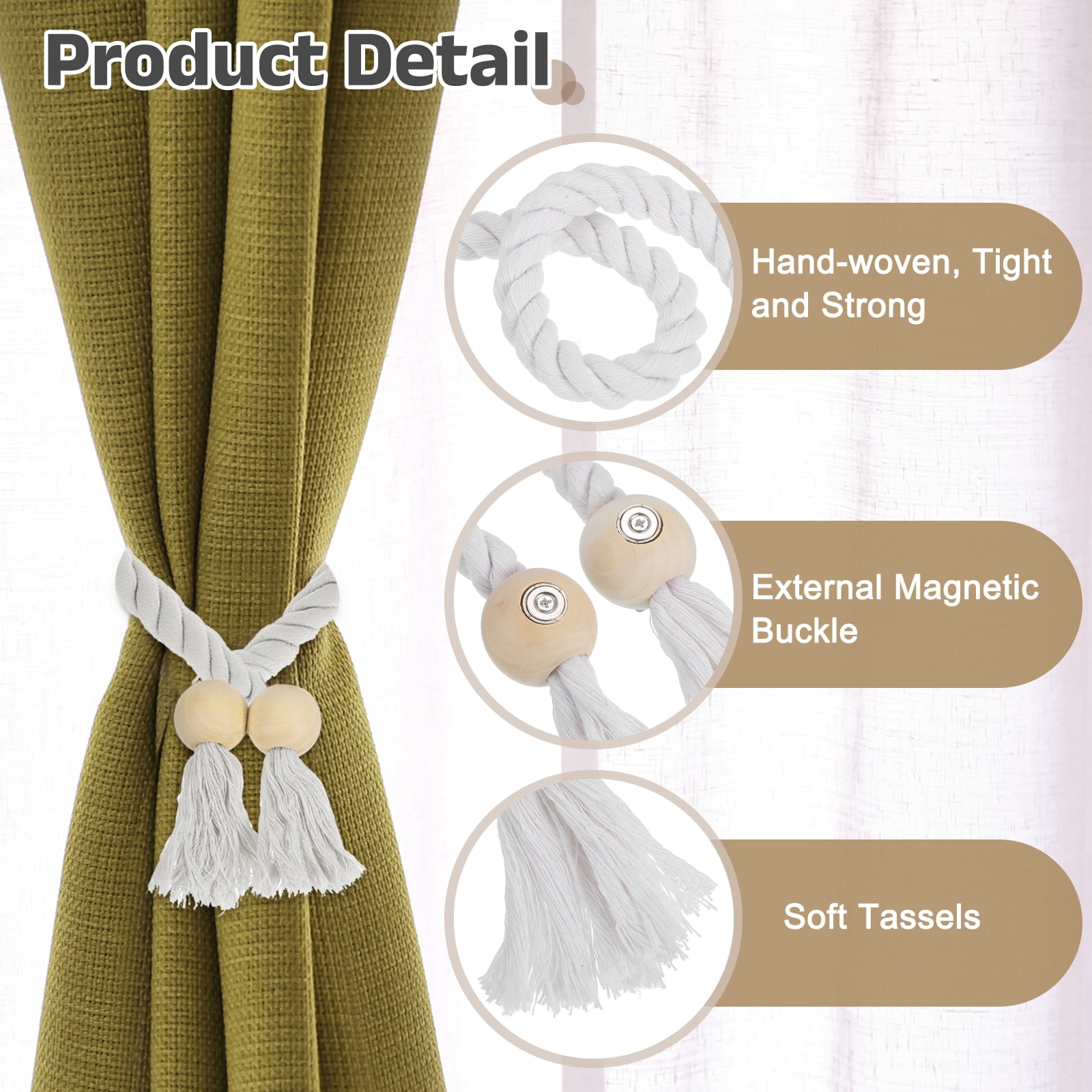 Unique Bargains Magnetic Curtain Tiebacks with Wooden Ball Hand-woven Holdbacks 6Pcs White