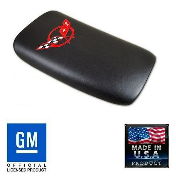C5 Corvette Center Console Pad Lid Black Leather with Red Cross Flag Embroidered Emblem Fits: All 97 through 04 Corvettes