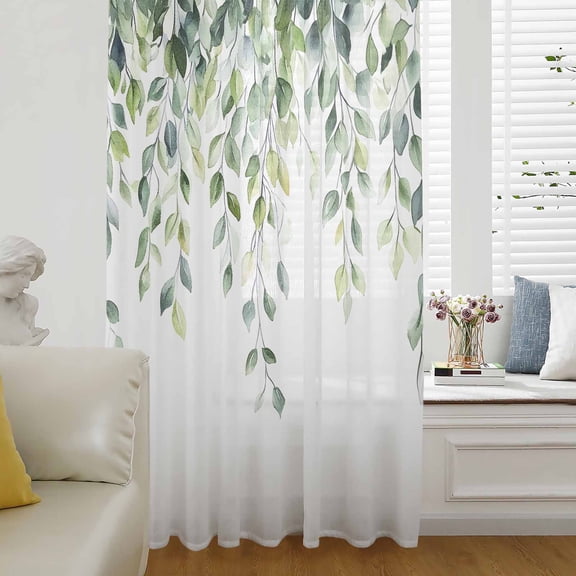 Spring Eucalyptus Leaves Semi Sheer Curtains Drapes for Living Room, Bedroom, French Doors Window 45 Inches Long, Botanical Summer Rod Pocket Chiffon Curtain Drapery Voile Draperies Panel