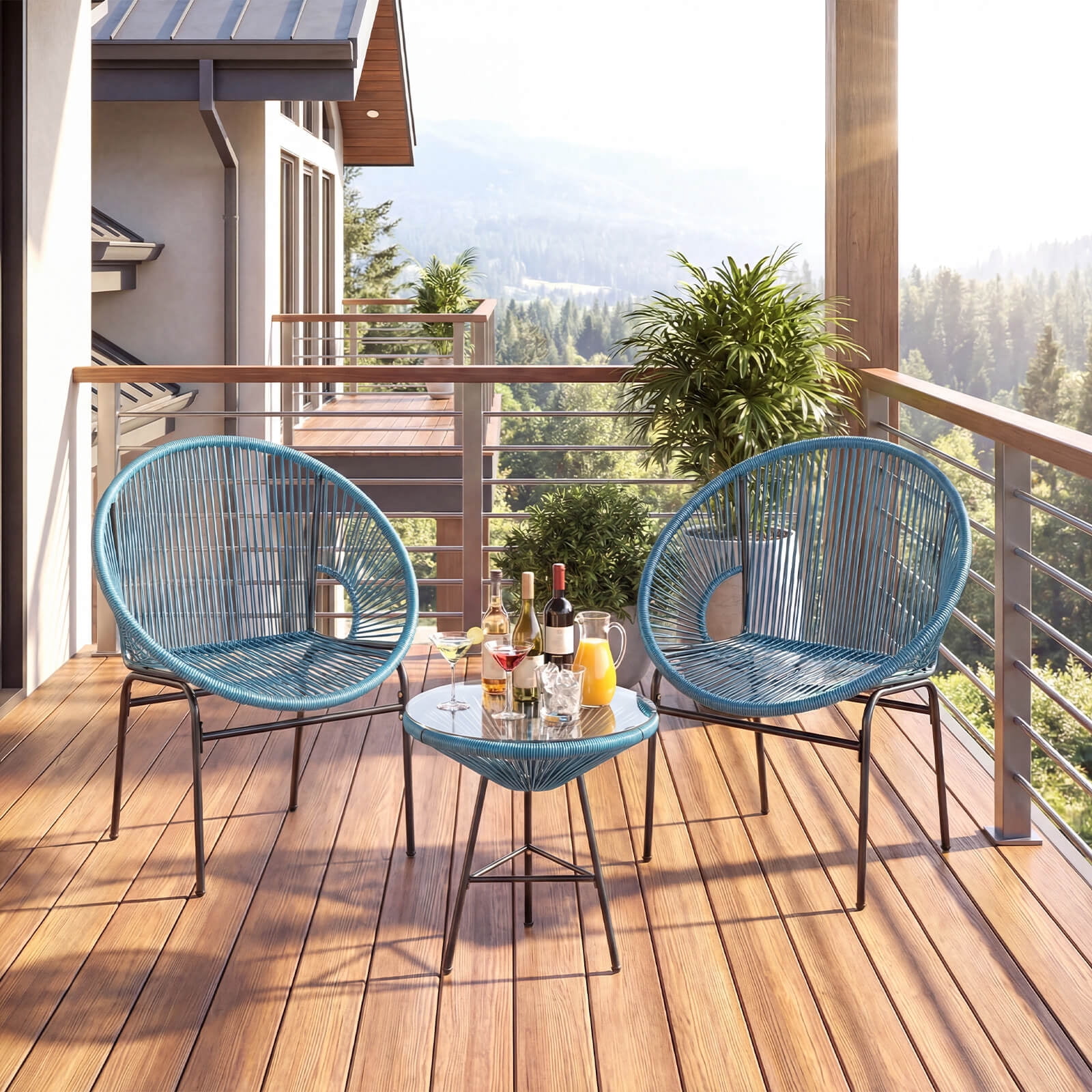 Costway 3PCS Patio Acapulco Furniture Bistro Set Plastic Rope Glass Table Turquoise