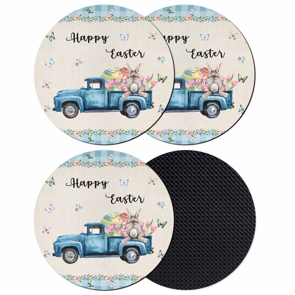 Happy Easter Coasters Set of 4, Absorbent Coasters for Drinks, Spring Truck Bunny Butterfly Blue Plaid Coaster for Desk Coffee Table Protection, Home Decor House Warming Gifts 4"
