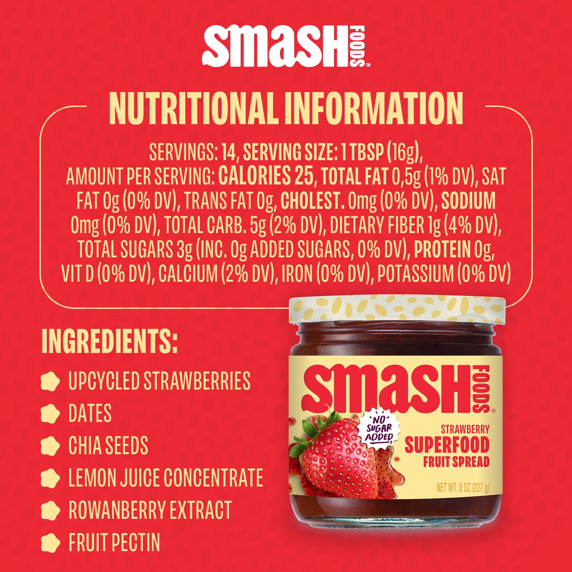 (3 pack) Smash Foods, Strawberry Jam, No Sugar Added, Low-Calorie, Vegan (1 Jar)