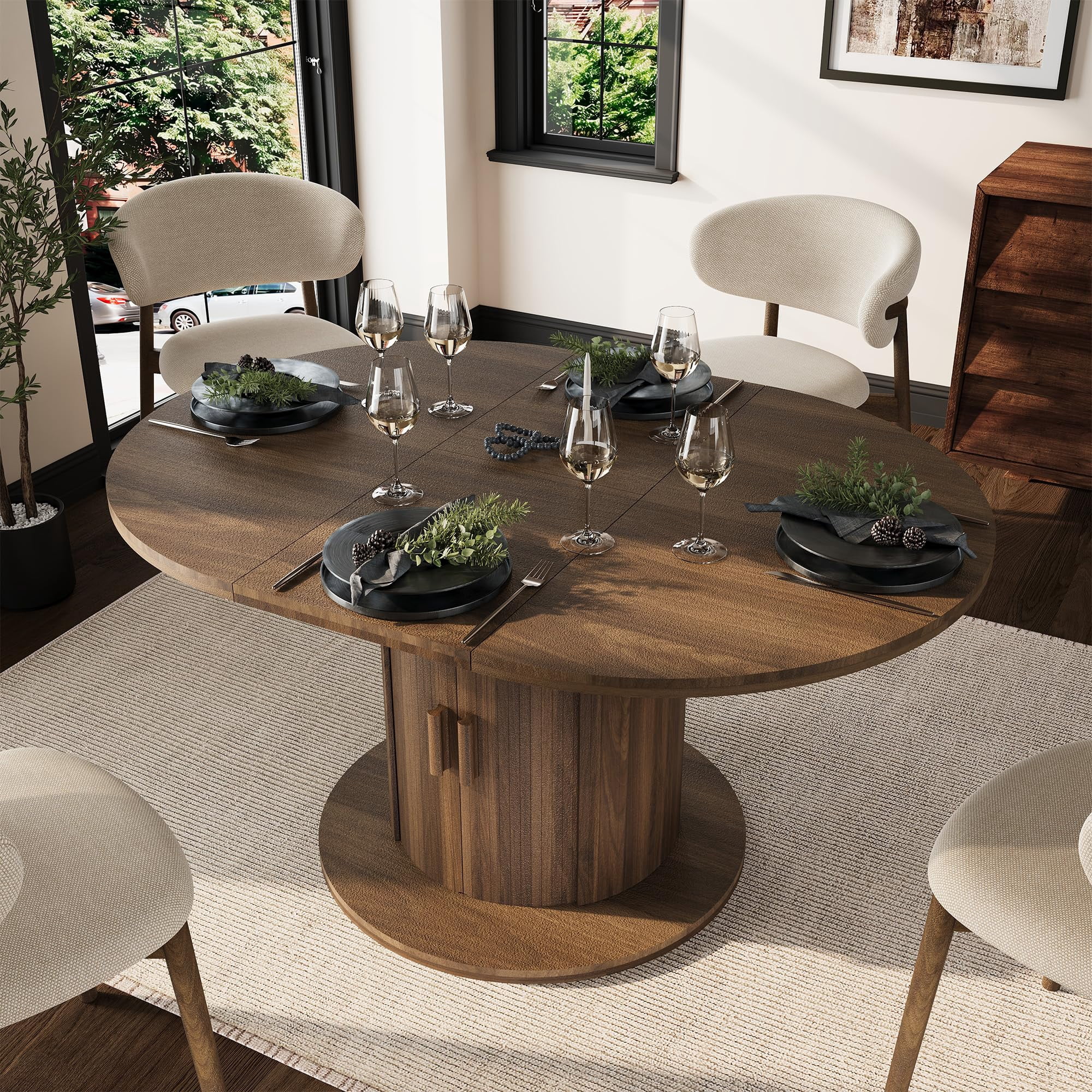 TacleeKii Extendable Dining Table for 4-6 43.3-59.1 Inch Farmhouse Kitchen Table with Hidden Storage Sliding Doors Round to Oval Walnut