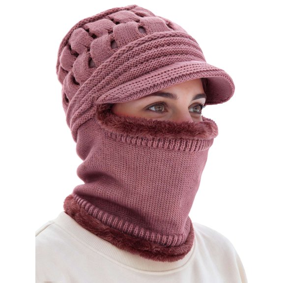 Deago Womens Knit Beanie Hat Fleece Lined Winter Warm Scarf Mask Set Elastic Soft Snow Caps One-Piece Hats