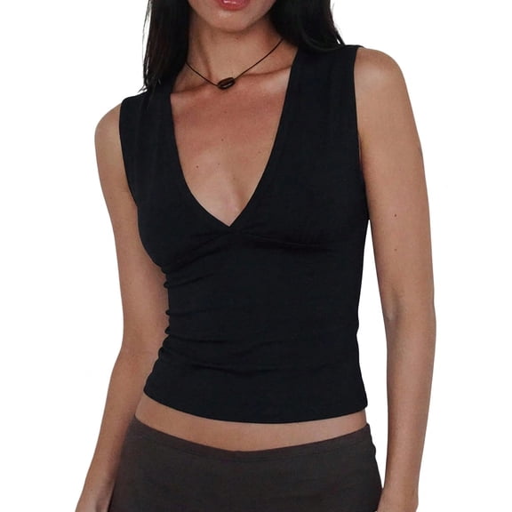 EMMIOL Women's Deep V-Neck Crop Tank Top Stretchy Sleeveless Going Out Top Fall Y2K Style