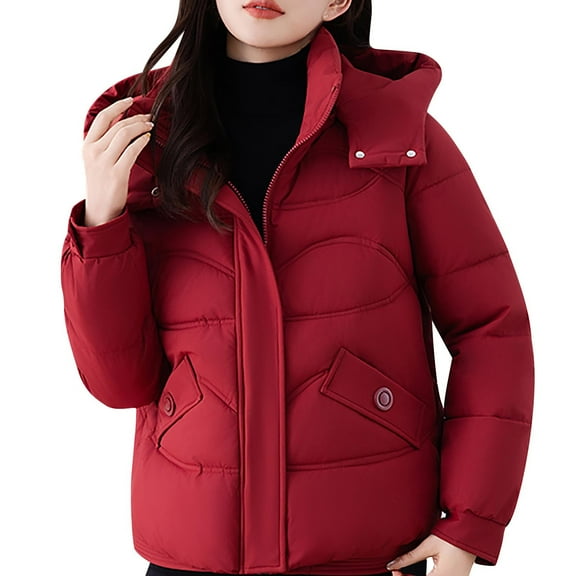 TKLPEHG Women's Puffer Jacket Winter Warm Cropped Puffer Coat Long Sleeve Hooded Down Jacket Casual Thickened Coats with Pockets Outerwear (Red,XXXL)