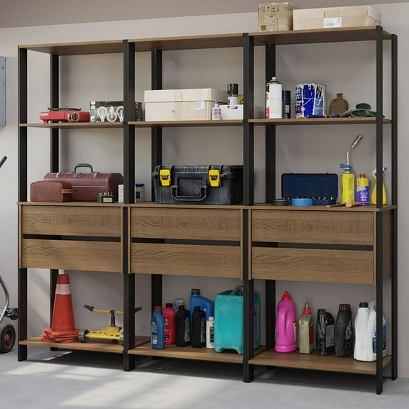 Madesa Garage Storage Cabinet 6-Drawer Tool Organizer with Open Shelves 82" - Black/Brown