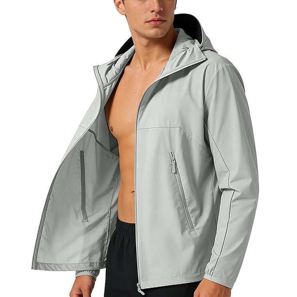 Mens Manga Larga Color Sólido con Capucha Cremallera Cardigan Hielo Seda Fina Chaqueta Protectora Solar para Uso Diario Al Aire Libre