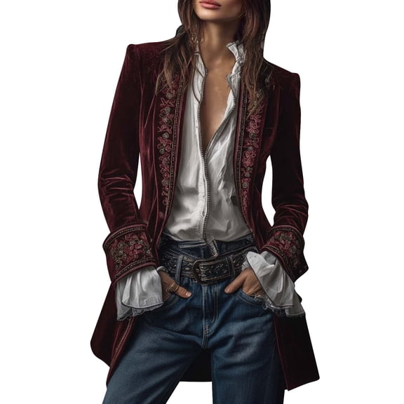 LEKODE Women's Victorian Gothic Vintage Tailcoat Pirate Jacket Steampunk Long Floral Embroidered Velvet Coat Purple 2XL
