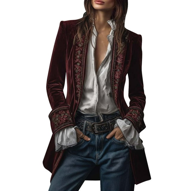 Women's Retro Velvet Long Jacket Velvet Patchwork Printed Edge Long Sleeved Casual Jacket