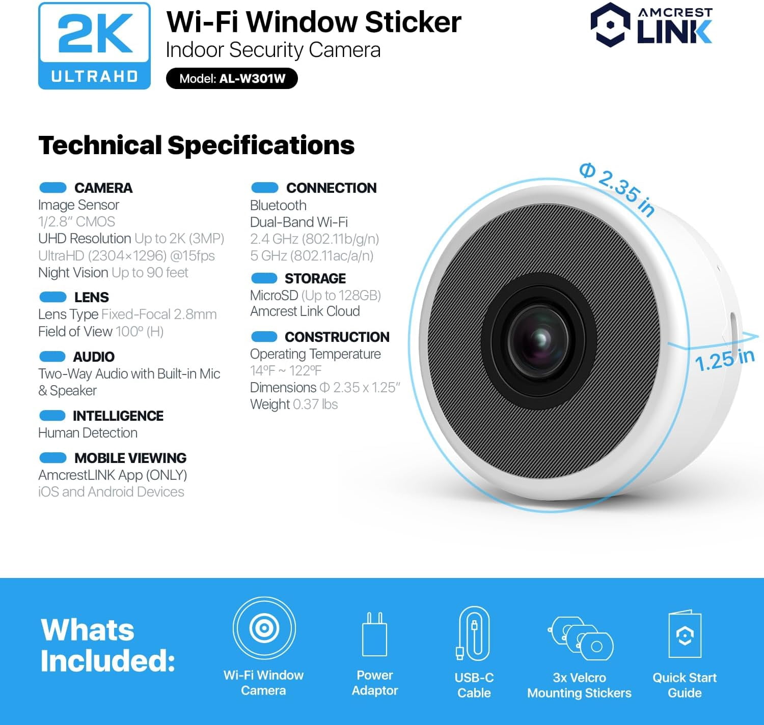 Amcrest Link 3MP 2K Window Camera, 2.4GHz&5GHz WiFi Indoor Camera, AI Human & Motion Detection, Wide Angle 100° FOV, Night Vision, 2-Way Audio, Wired Power, Supports MicroSD upto 128GB, AL-W301W