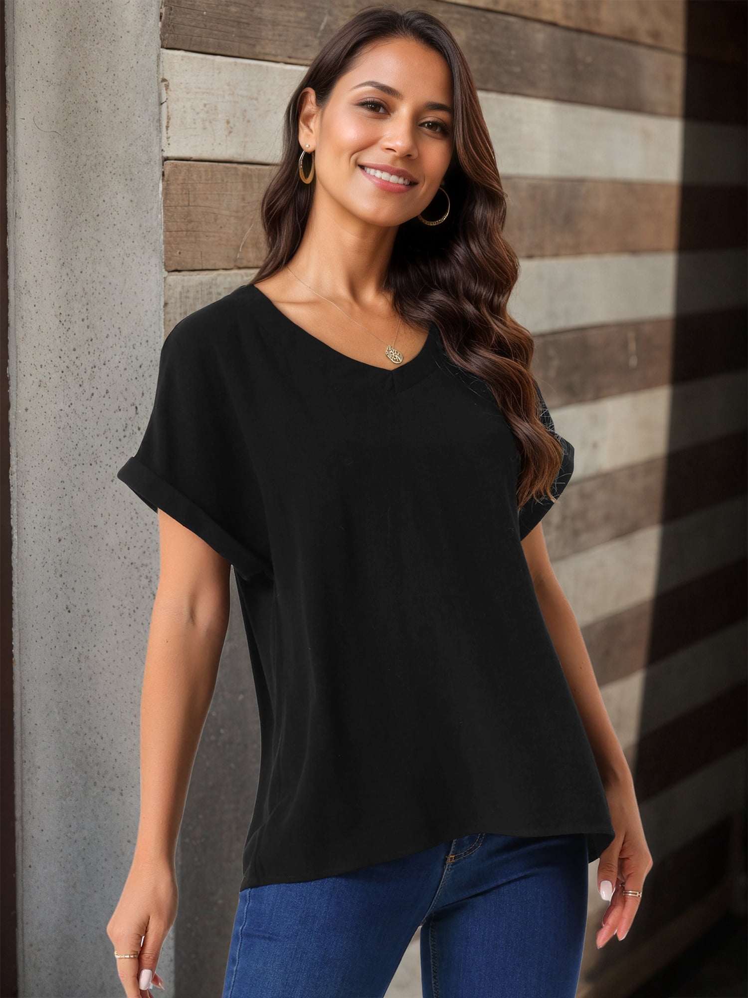 DARING DIVA Women's Linen Shirts Short Sleeve V Neck Blouse XL Black
