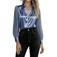 thumbnail image 5 of Lenpel Satin Silk Blouses for Women Mesh Long Sleeve Collared Button down Shirts Business Casual Tops Dressy Work Tops(Blue,X-Large), 5 of 6