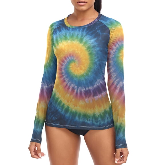 Rainbow Colored Tie Dye Women's Rash Guard Shirts UPF 50 Sun Protection Clothing Long Sleeve Swim Suits XS