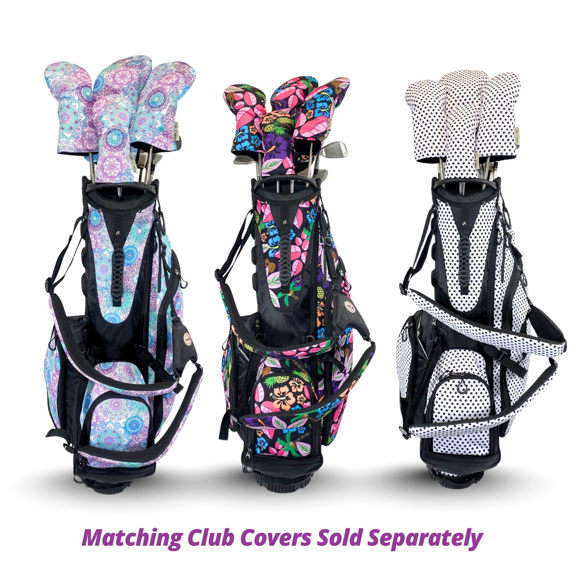 Women's Lightweight 4-Way Women's Golf Stand Bag | Taboo Fashions Stand Bag | Range Bag, Par 3, Executive Course | Self Flexing Stand, Adjustable Strap (Black Tie Polka Dots)
