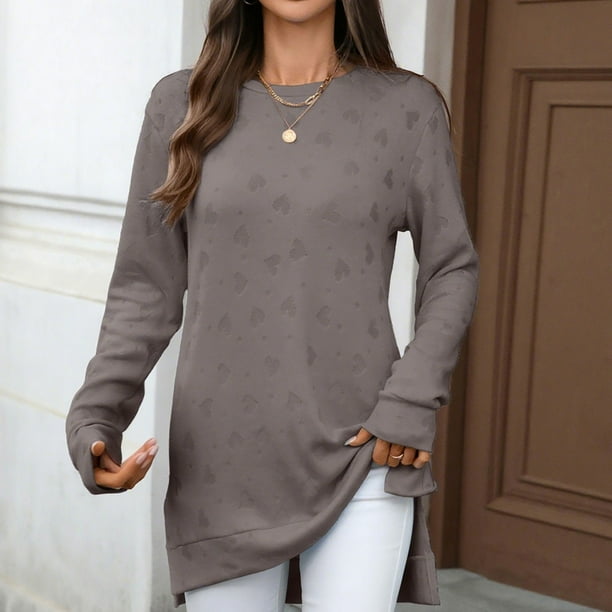 Heisall Women's Autumn Winter Tops Long Sleeve Solid Color Jacquard Pattern Round Neck Loose Split Hem Casual Fashion Blouses