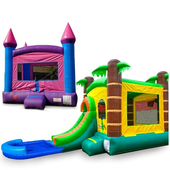 Pogo Bounce House Crossover Duo, Pink Bounce House and Tropical Bounce House with Slide and Splash Pool