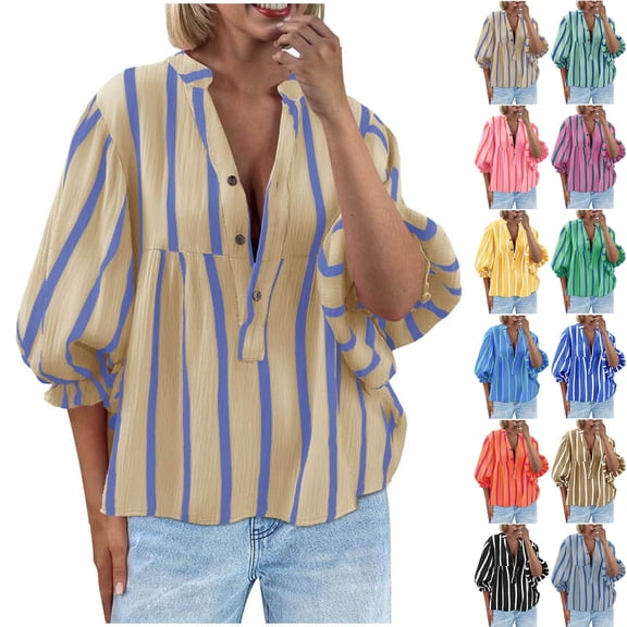 Bmawag Shirts for Women Plus Size 3/4 Sleeves V-Neck Striped Lightweight Tops Blouses Women's Casual Fashion Loose Beach Vacation Leisure Loungewear Beige L