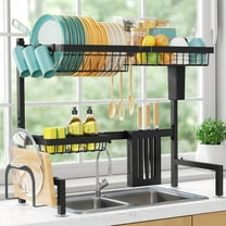 Over The Sink Dish Drying Rack - Adjustable 2 Tier Large Capacity Stainless Steel Drainer with Cutlery & Utensil Holders, Kitchen Storage & Organization, 30"-33.9" L x 11" W x 21.5" H, Black