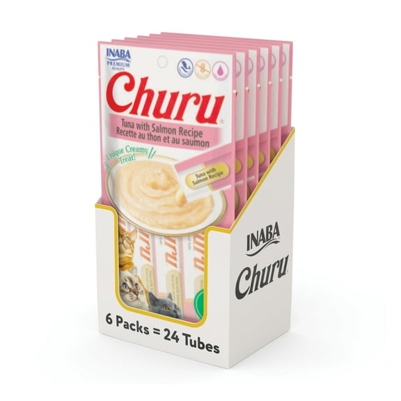 INABA Churu Creamy, Lickable Purée Cat Treat w Taurine, 0.5 oz, 24 Tubes, Tuna with Salmon Recipe
