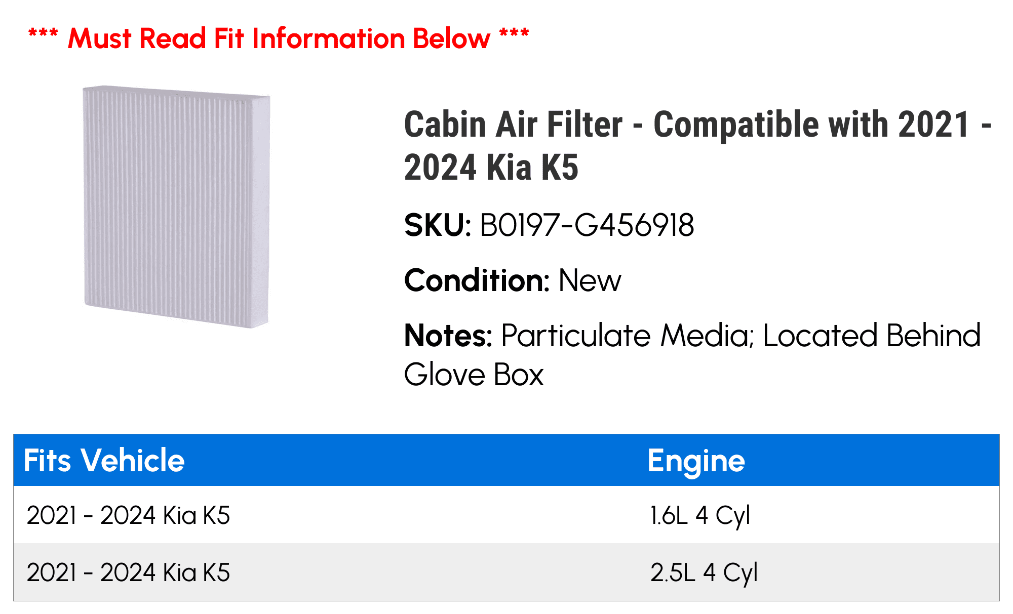 Cabin Air Filter - Compatible with 2021 - 2024 Kia K5 2022 2023