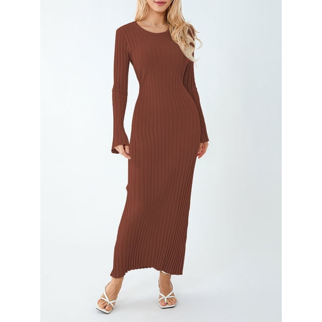 xiaxaixu Robe en Tricot pour Femmes, Manches Longues Élégantes Col Rond Côtelé Robe Longue d'Automne Mode Urbaine