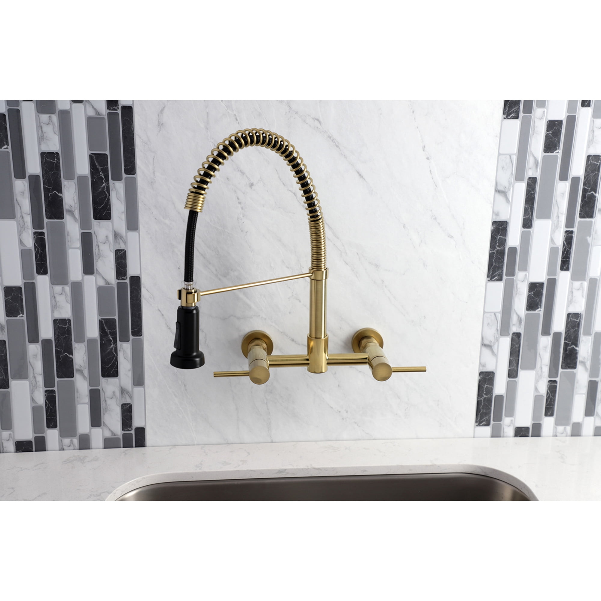 Gourmetier GS8187DL Concord Double-Handle Wall-Mount Pre-Rinse Bridge Kitchen Faucet, Brushed Brass