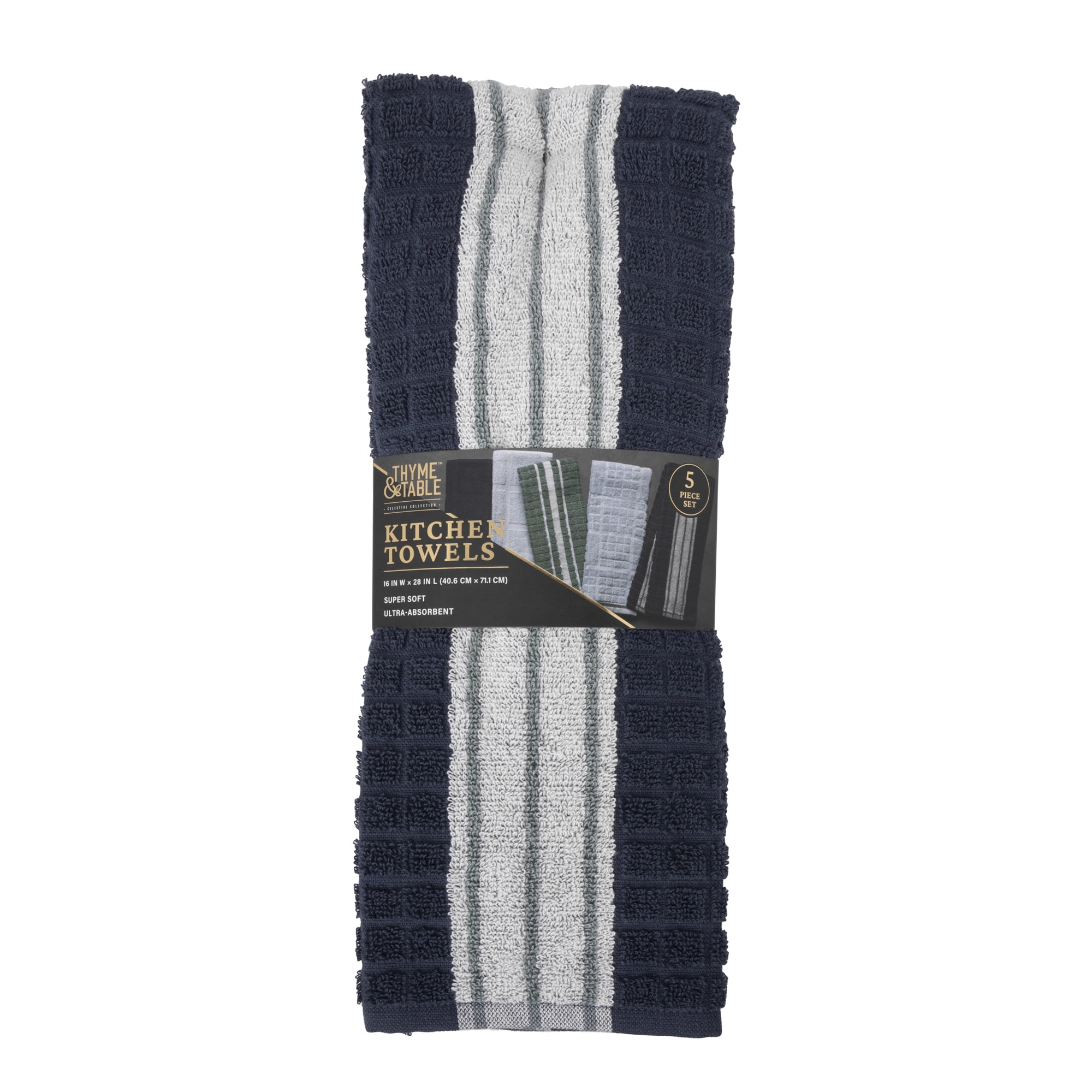 Thyme & Table 5 Pack Kitchen Towels, Navy, Green, and White Cotton Set