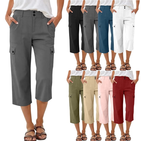 Zekutng Womens Capris Cargo Straight-Leg Button-Fly Zipper Pants with Multiple Pockets,Sizes S-2XL