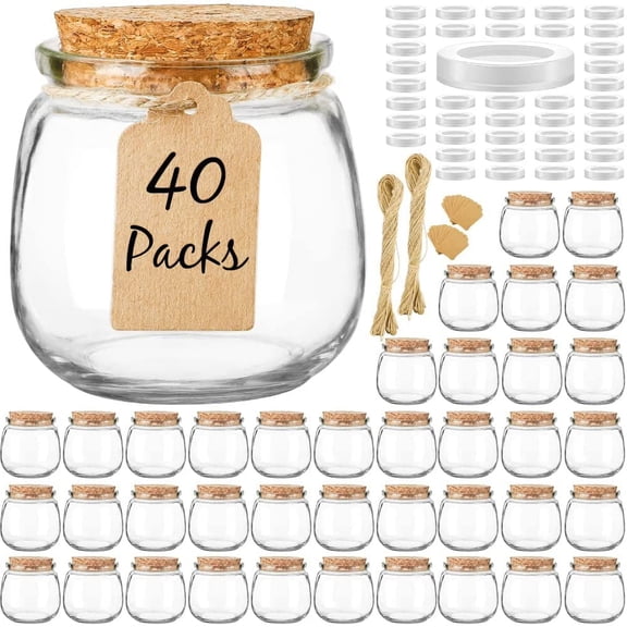CN 40 Pack Small Glass Jars with Cork Lids, 7oz Empty Mason Jars for Making Candles, Yogurt Container with PE Lids for Wedding Favors, Baby Shower, Candy, Spices with Twine, Labels