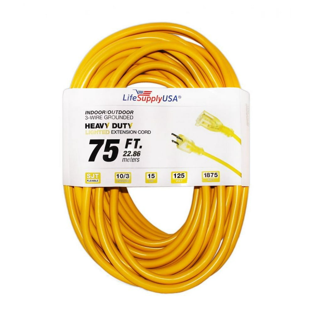 10/3 75ft SJTW Lighted End Extension Cord 15 Amp, 300 Volt, 1875 Watt, Super Heavy Duty Outdoor
