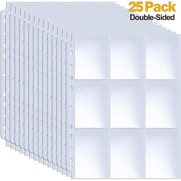 9 Pocket Page Protector, Pockets Trading Card Binder Double-sided Baseball Card Sheets for Standard Size Cards, Coupon, Sport Cards, Game Cards, Business Cards 25 Pack