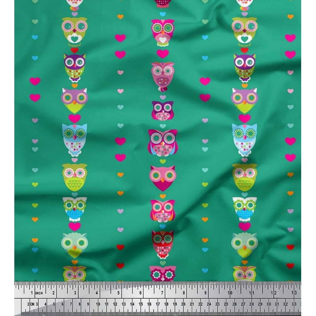 Soimoi Poly Georgette Fabric Heart & Owl Kids Print Fabric by The Yard 52 Inch Wide