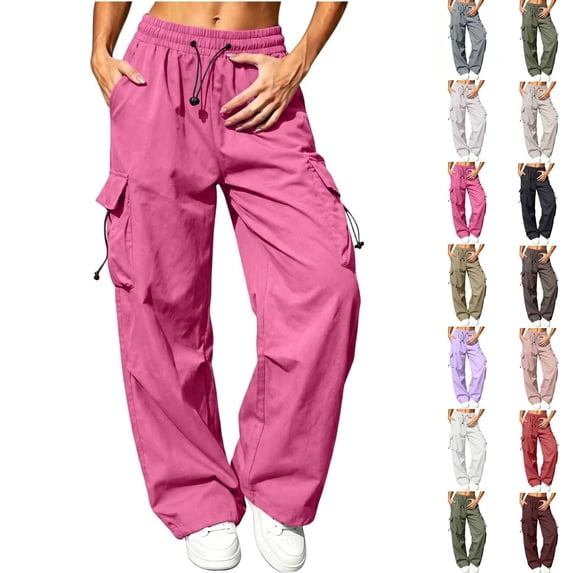 Qingpeng Plus Size Loose Cargo Pants for Women Wide Leg Drawstring Parachute Pants with Pockets Casual Lightweight Sweatpants