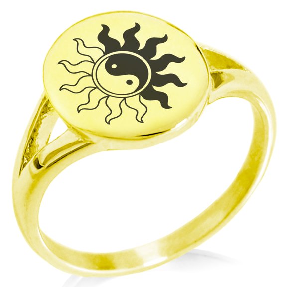 Stainless Steel Blazing Sun Yin Yang Minimalist Oval Top Polished Statement Signet Ring